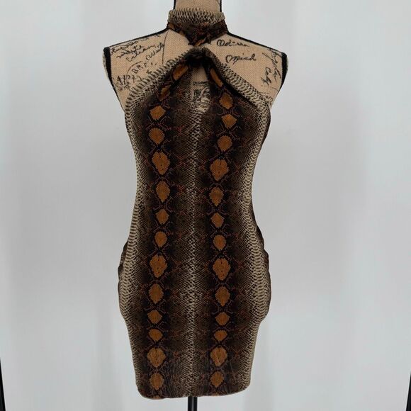 Skims Summer Mesh Halter Mini Dress Desert Snake Print Women Medium Brown - Picture 1 of 8